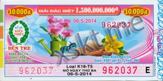 Mẫu vé sô xổ số Bến Tre ngày 6/5/2014