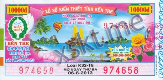 Mẫu vé sô xổ số Bến Tre ngày 6/8/2013