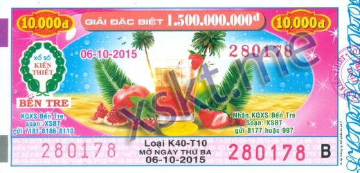 Mẫu vé sô xổ số Bến Tre ngày 6/10/2015