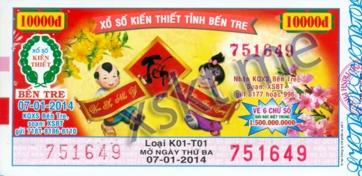Mẫu vé sô xổ số Bến Tre ngày 7/1/2014