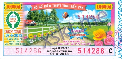 Mẫu vé sô xổ số Bến Tre ngày 7/5/2013