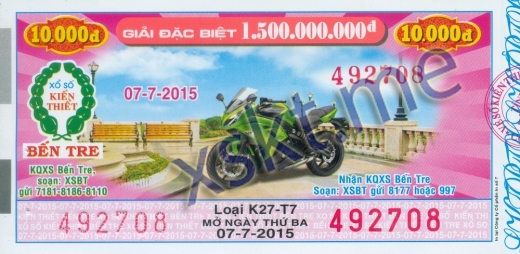 Mẫu vé sô xổ số Bến Tre ngày 7/7/2015