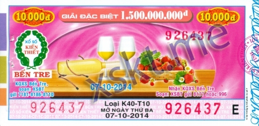 Mẫu vé sô xổ số Bến Tre ngày 7/10/2014