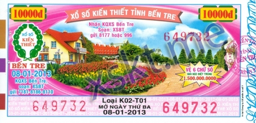 Mẫu vé sô xổ số Bến Tre ngày 8/1/2013