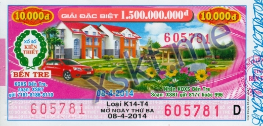 Mẫu vé sô xổ số Bến Tre ngày 8/4/2014
