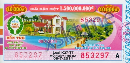 Mẫu vé sô xổ số Bến Tre ngày 8/7/2014