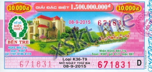 Mẫu vé sô xổ số Bến Tre ngày 8/9/2015