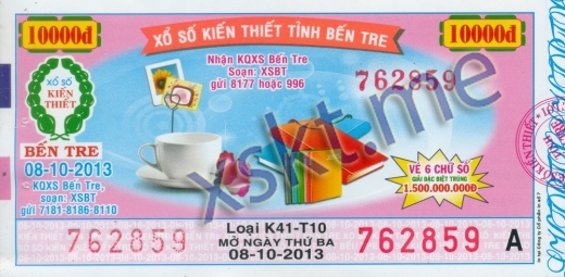 Mẫu vé sô xổ số Bến Tre ngày 8/10/2013