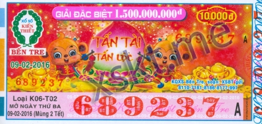 Mẫu vé sô xổ số Bến Tre ngày 9/2/2016