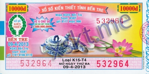 Mẫu vé sô xổ số Bến Tre ngày 9/4/2013