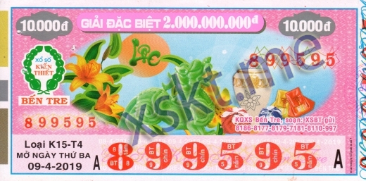 Mẫu vé sô xổ số Bến Tre ngày 9/4/2019