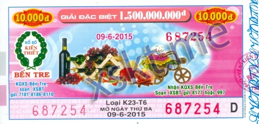 Mẫu vé sô xổ số Bến Tre ngày 9/6/2015