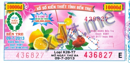 Mẫu vé sô xổ số Bến Tre ngày 9/7/2013