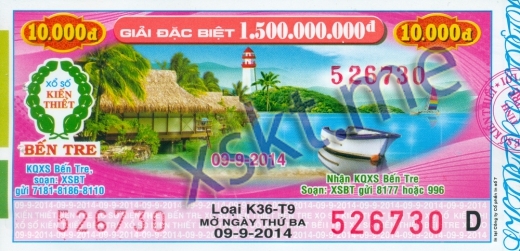 Mẫu vé sô xổ số Bến Tre ngày 9/9/2014