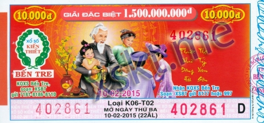 Mẫu vé sô xổ số Bến Tre ngày 10/2/2015