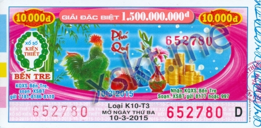 Mẫu vé sô xổ số Bến Tre ngày 10/3/2015