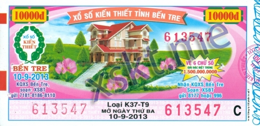 Mẫu vé sô xổ số Bến Tre ngày 10/9/2013