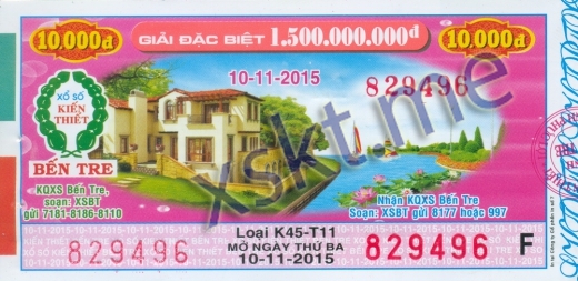 Mẫu vé sô xổ số Bến Tre ngày 10/11/2015