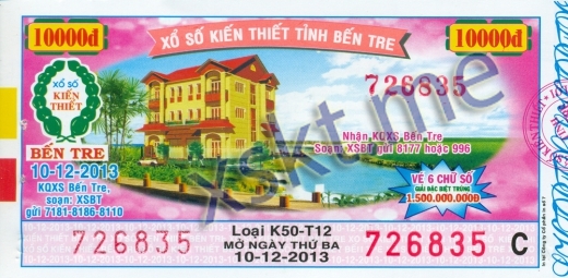Mẫu vé sô xổ số Bến Tre ngày 10/12/2013