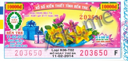 Mẫu vé sô xổ số Bến Tre ngày 11/2/2014