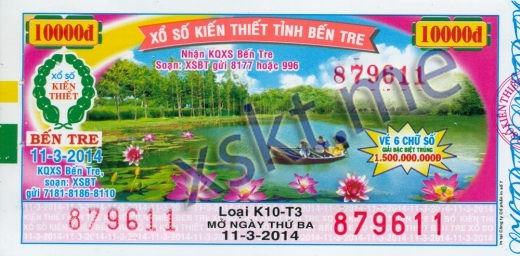 Mẫu vé sô xổ số Bến Tre ngày 11/3/2014