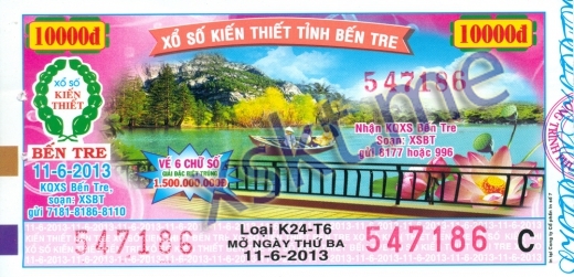 Mẫu vé sô xổ số Bến Tre ngày 11/6/2013