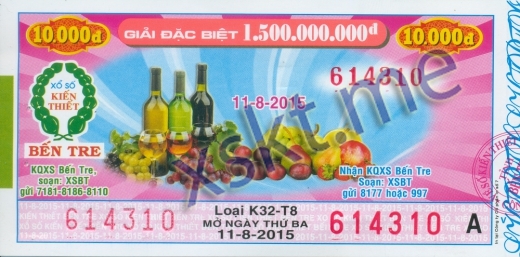Mẫu vé sô xổ số Bến Tre ngày 11/8/2015
