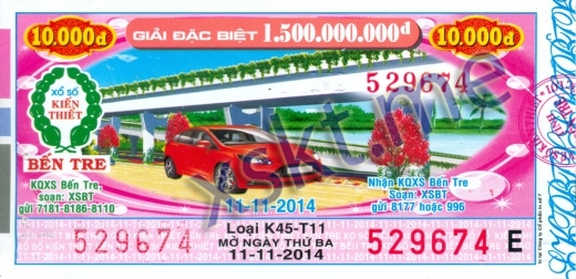 Mẫu vé sô xổ số Bến Tre ngày 11/11/2014
