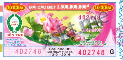 Mẫu vé sô xổ số Bến Tre ngày 12/1/2016