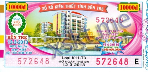 Mẫu vé sô xổ số Bến Tre ngày 12/3/2013