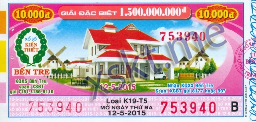 Mẫu vé sô xổ số Bến Tre ngày 12/5/2015
