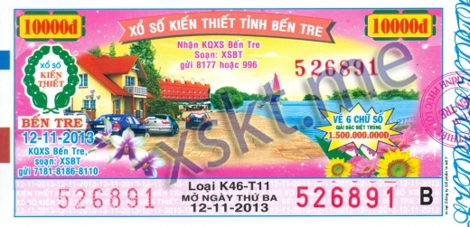 Mẫu vé sô xổ số Bến Tre ngày 12/11/2013