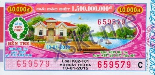 Mẫu vé sô xổ số Bến Tre ngày 13/1/2015