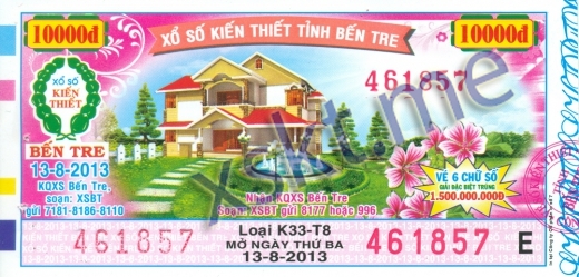 Mẫu vé sô xổ số Bến Tre ngày 13/8/2013
