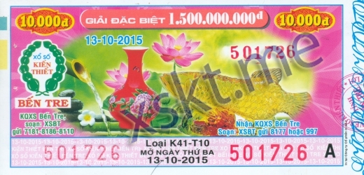Mẫu vé sô xổ số Bến Tre ngày 13/10/2015