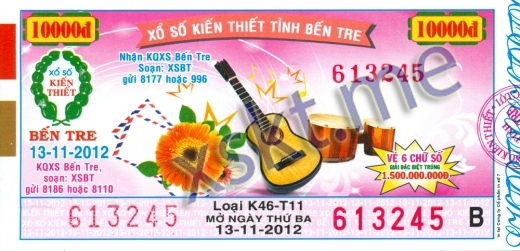 Mẫu vé sô xổ số Bến Tre ngày 13/11/2012