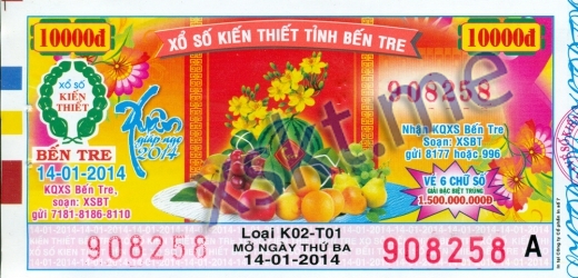 Mẫu vé sô xổ số Bến Tre ngày 14/1/2014