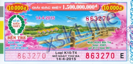Mẫu vé sô xổ số Bến Tre ngày 14/4/2015