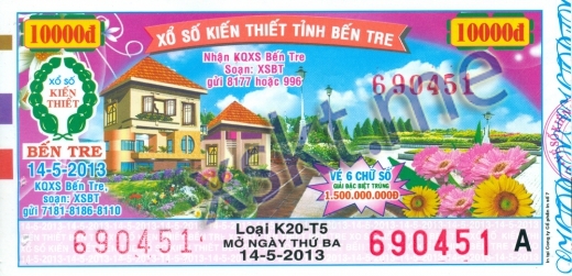 Mẫu vé sô xổ số Bến Tre ngày 14/5/2013