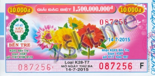 Mẫu vé sô xổ số Bến Tre ngày 14/7/2015