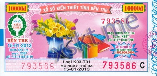 Mẫu vé sô xổ số Bến Tre ngày 15/1/2013