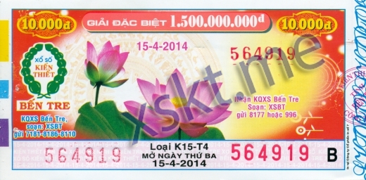 Mẫu vé sô xổ số Bến Tre ngày 15/4/2014