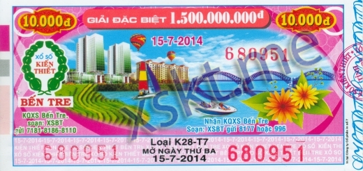 Mẫu vé sô xổ số Bến Tre ngày 15/7/2014