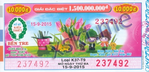 Mẫu vé sô xổ số Bến Tre ngày 15/9/2015