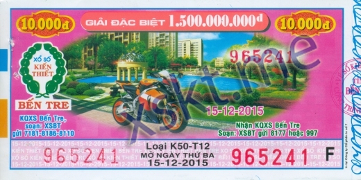 Mẫu vé sô xổ số Bến Tre ngày 15/12/2015