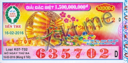 Mẫu vé sô xổ số Bến Tre ngày 16/2/2016