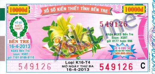 Mẫu vé sô xổ số Bến Tre ngày 16/4/2013