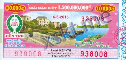 Mẫu vé sô xổ số Bến Tre ngày 16/6/2015
