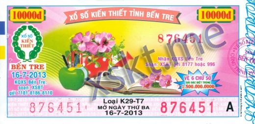 Mẫu vé sô xổ số Bến Tre ngày 16/7/2013