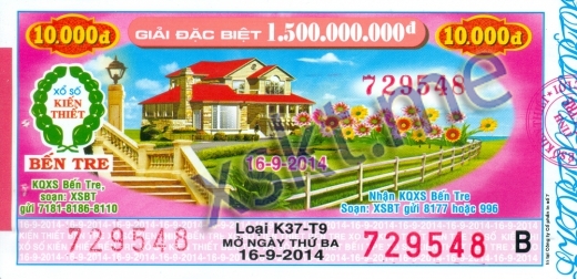 Mẫu vé sô xổ số Bến Tre ngày 16/9/2014